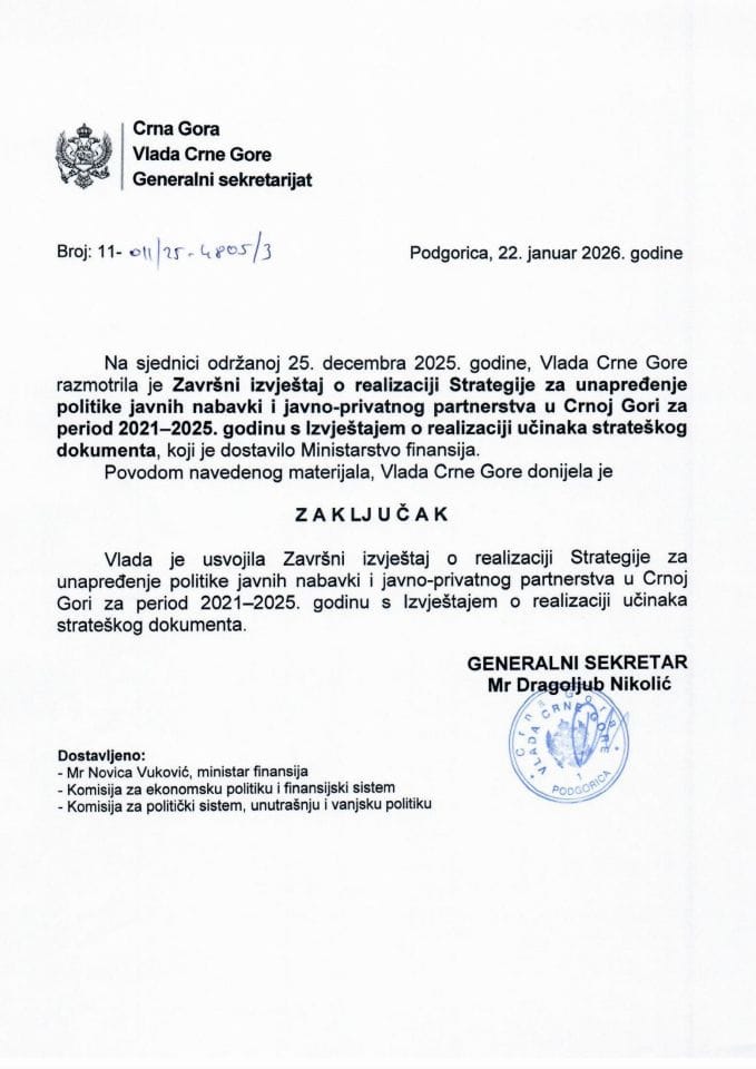 Завршни извјештај о реализацији Стратегије за унапређење политике јавних набавки и јавно-приватног партнерства у Црној Гори за период 2021-2025. године, са Извјештајем о евалуацији учинака Стратегије - Закључци
