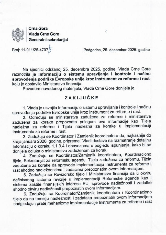 Информација о успостављању институционалног оквира, система управљања и контроле и начину спровођења подршке Европске уније кроз Инструмент за реформе и раст - Закључци
