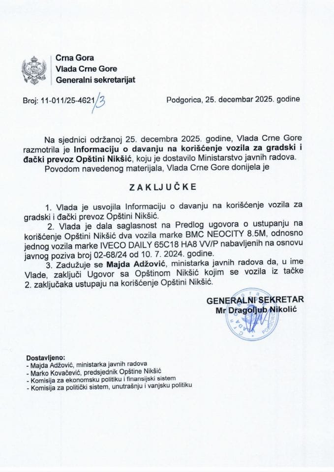 Информација о давању на коришћење возила за градски и ђачки превоз Општини Никшић са Предлогом уговора - Закључци