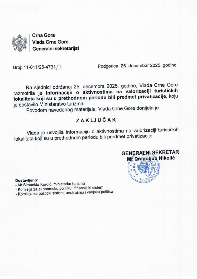 Информација о активностима на валоризацији туристичких локалитета који су у претходном периоду били предмет приватизације - Закључци