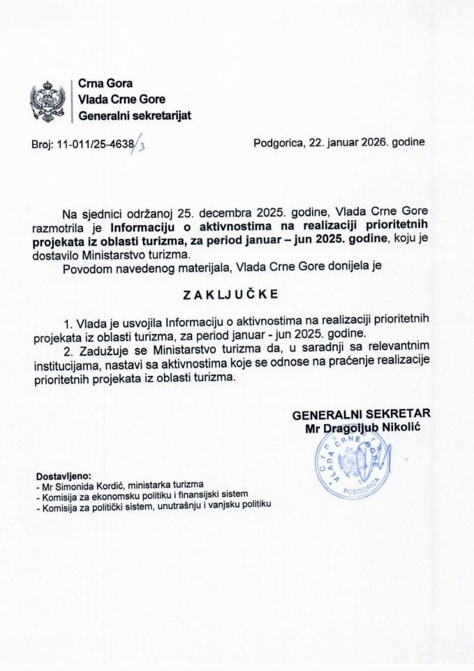 Информација о активностима на реализацији приоритетних пројеката из области туризма, за период јануар - јун 2025. године - Закључци