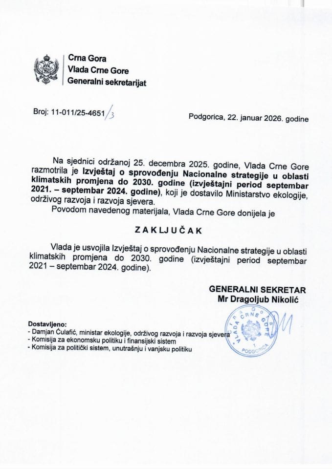 Извјештај о спровођењу Националне стратегије у области климатских промјена до 2030. године (извјештајни период септембар 2021 – септембар 2024. године) - Закључци
