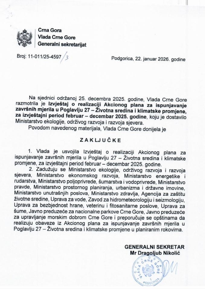 Извјештај о реализацији Акционог плана за испуњавање завршних мјерила у Поглављу 27 - Животна средина и климатске промјене, за извјештајни период фебруар - децембар 2025. године - Закључци