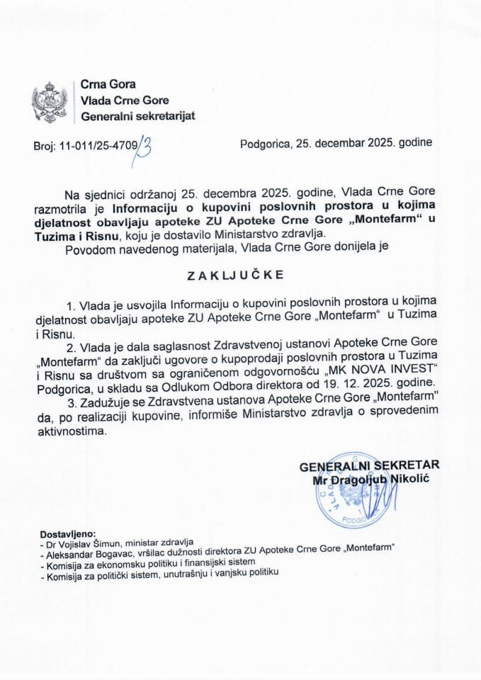 Информација о куповини пословних простора у којима дјелатност обављају апотеке ЗУ Апотеке Црне Горе „Монтефарм“ у Тузима и Рисну - Закључци