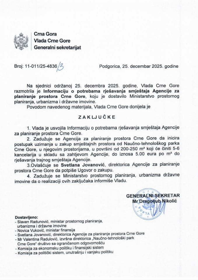 Информација о потребама рјешавања смјештаја Агенције за планирање простора Црне Горе - Закључци