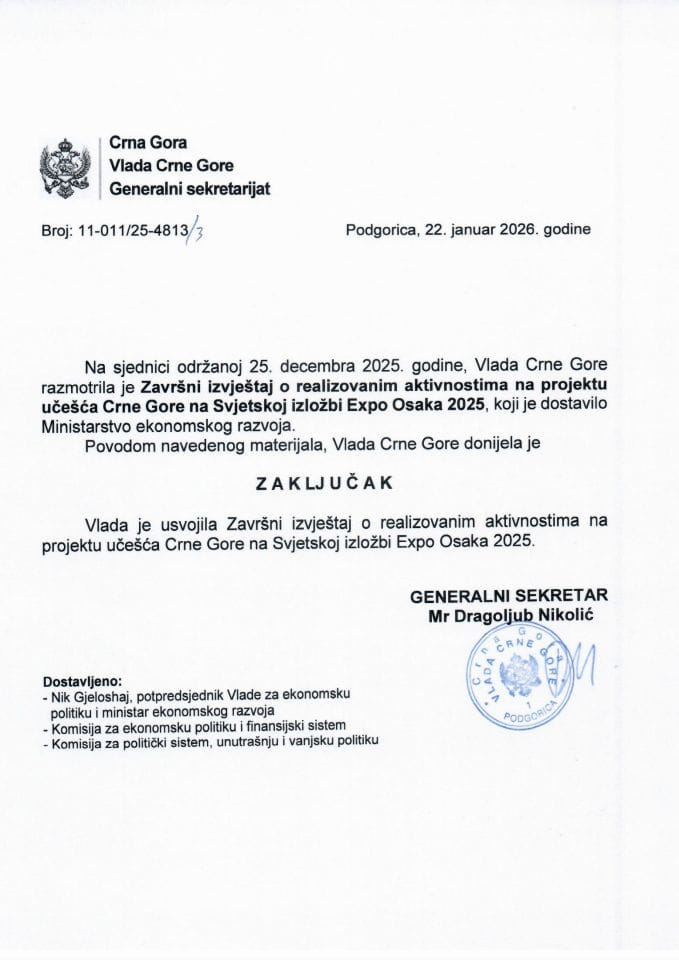 Завршни извјештај о реализованим активностима на пројекту учешћа Црне Горе на Свјетској изложби Expo Осака 2025 - Закључци
