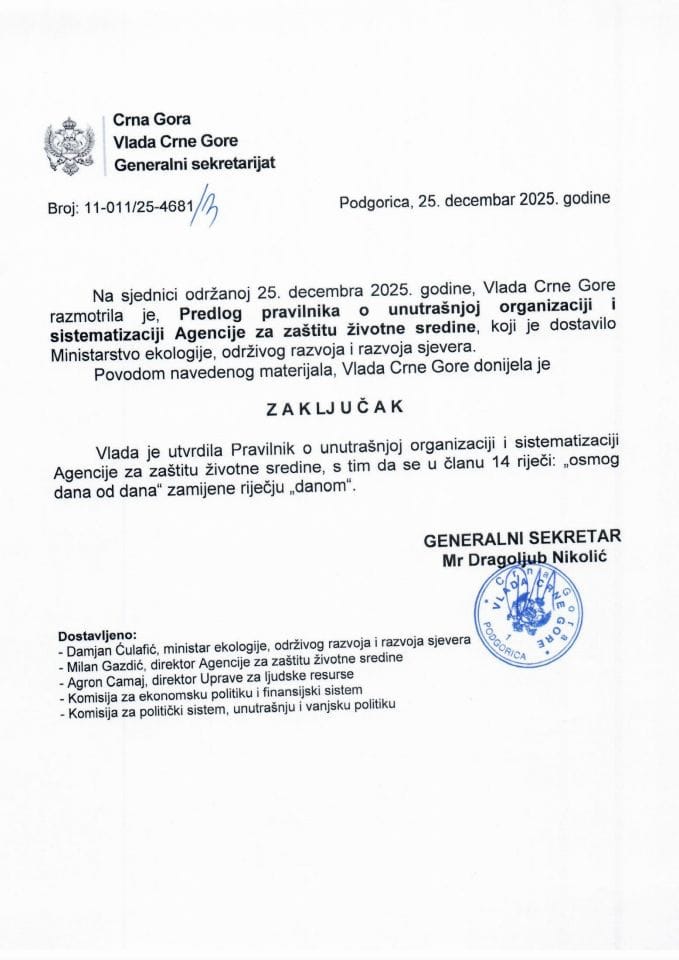 Предлог правилника о унутрашњој организацији и систематизацији Агенције за заштиту животне средине - Закључци