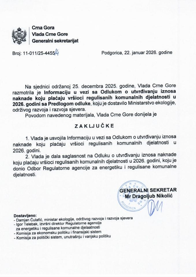 Информација у вези са Одлуком о утврђивању износа накнаде коју плаћају вршиоци регулисаних комуналних дјелатности у 2026. години с Предлогом одлуке - Закључци