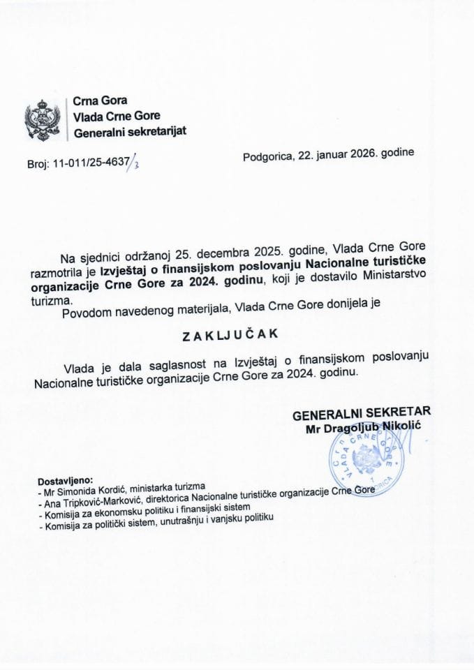 Извјештај о финансијском пословању Националне туристичке организације Црне Горе за 2024. годину - Закључци