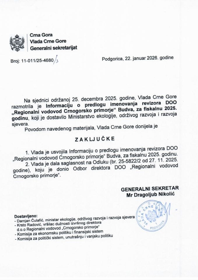 Информација о предлогу именовања ревизора ДОО „Регионални водовод Црногорско приморје“ Будва за фискалну 2025. годину са Одлуком Одбора директора - Закључци