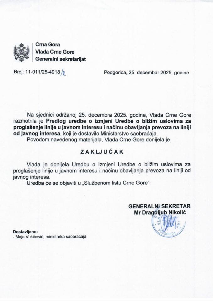 Предлог уредбе о измјени Уредбе о ближим условима за проглашење линије у јавном интересу и начину обављања превоза на линији од јавног интереса -Закључци