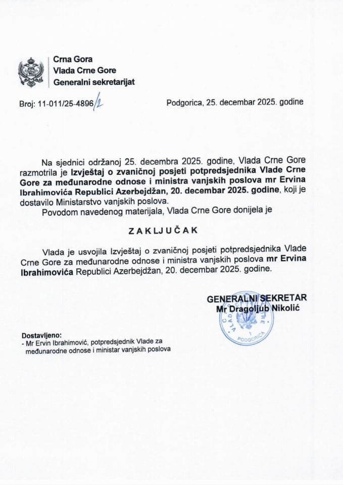 Извјештај о званичној посјети потпредсједника Владе Црне Горе за међународне односе и министра вањских послова мр Ервина Ибрахимовића Републици Азербејџан, 20. децембар 2025. године - Закључци