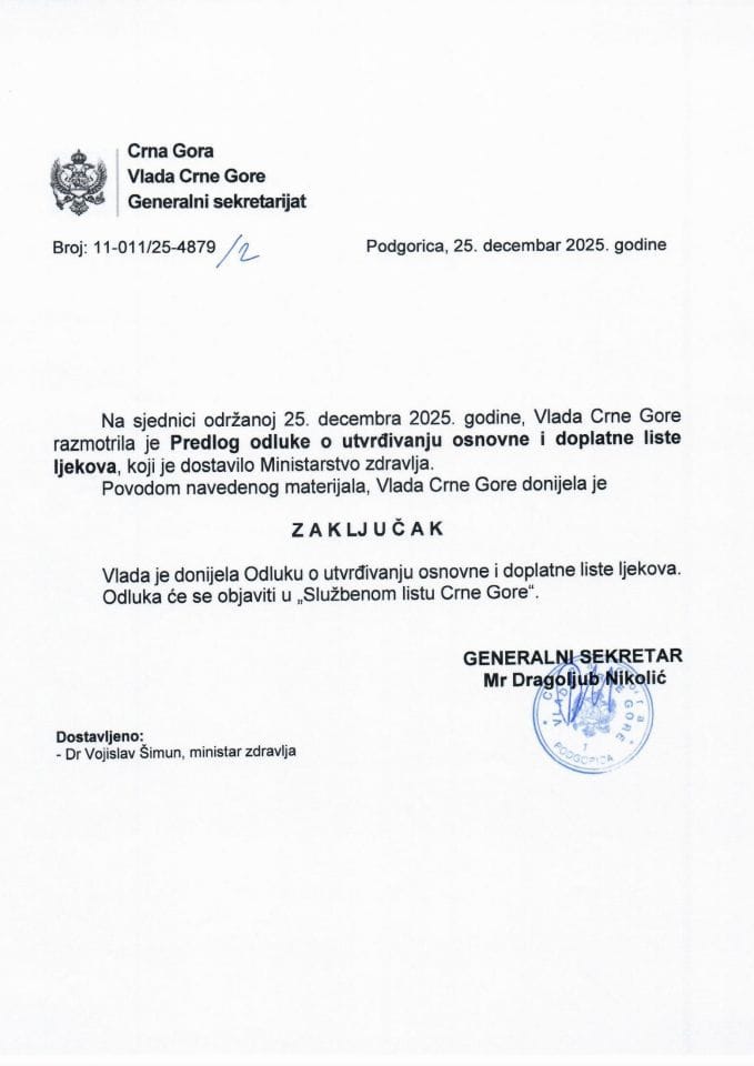 Предлог одлуке о утврђивању основне и доплатне листе љекова -Закључци