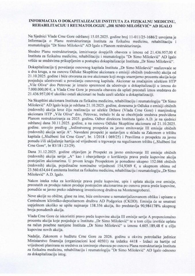Informacija o dokapitalizaciji Instituta za fizikalnu medicinu, rehabilitaciju i reumatologiju „Dr Simo Milošević“ AD Igalo