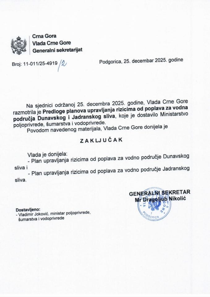 Предлози планова управљања ризицима од поплава за водна подручја Дунавског и Јадранског слива -Закључци
