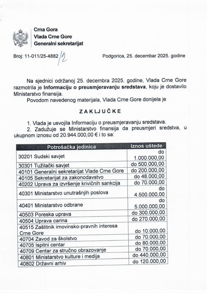 Информација о преусмјеравању средстава - Закључци