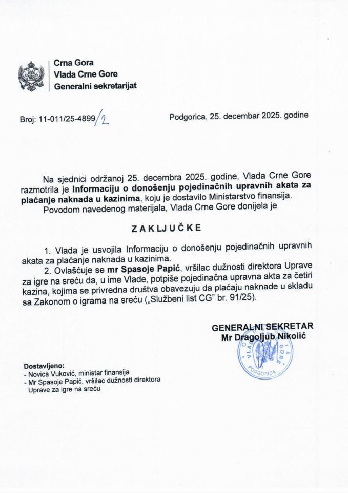 Информација о доношењу појединачних управних аката за плаћање накнада у казинима - Закључци