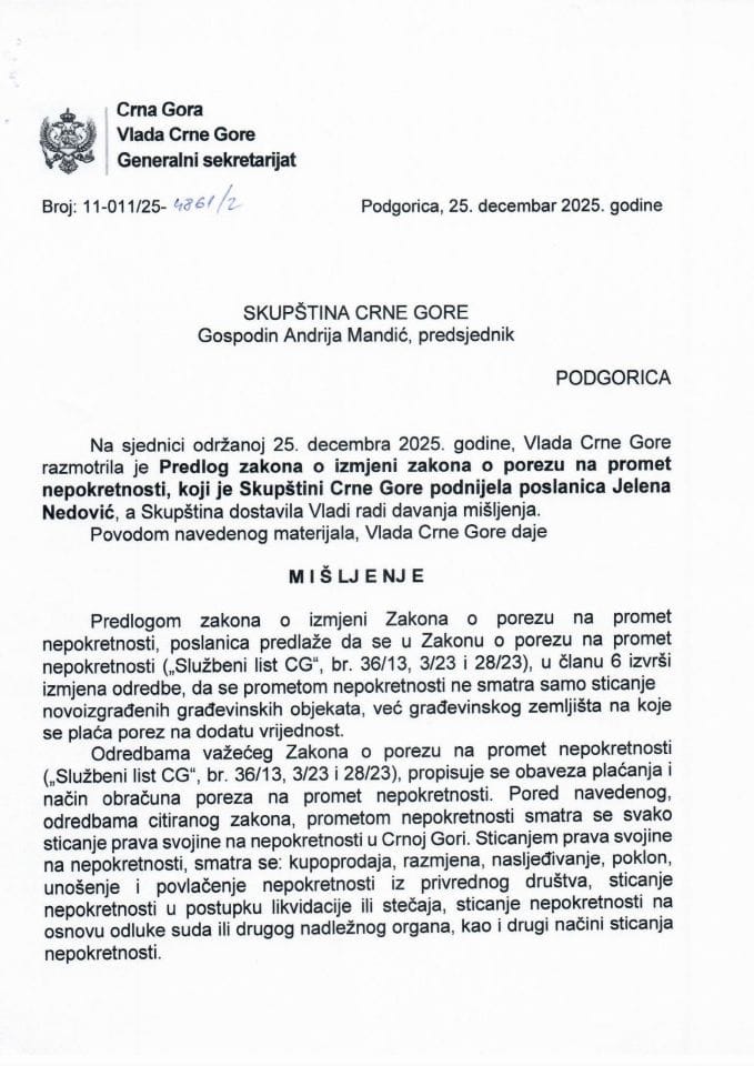 Предлог мишљења на Предлог закона о измјени Закона о порезу на промет непокретности (предлагач посланица Јелена Недовић) - Закључци
