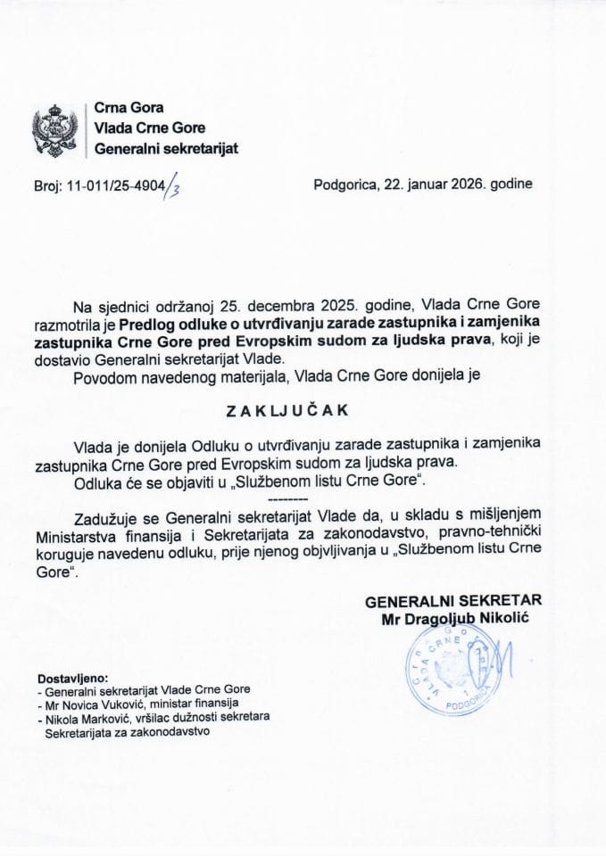Предлог одлуке о утврђивању зараде заступника и замјеника заступника Црне Горе пред Европским судом за људска права - Закључци