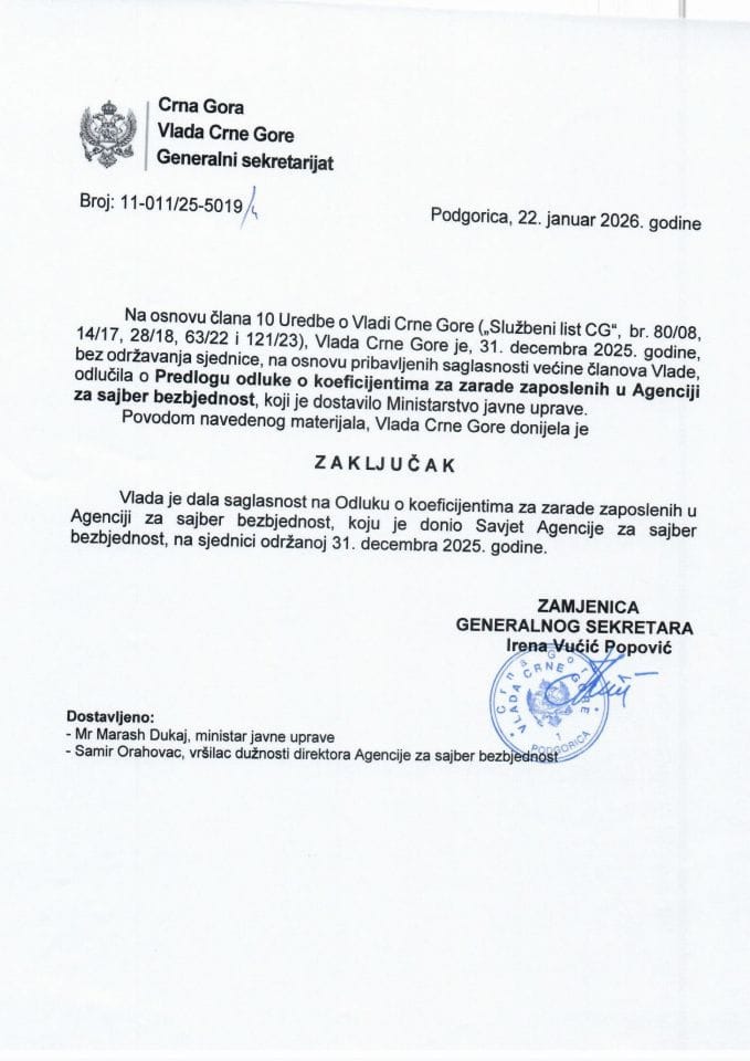 Одлука о коефицијентима за зараде запослених у Агенцији за сајбер безбједност - Закључци