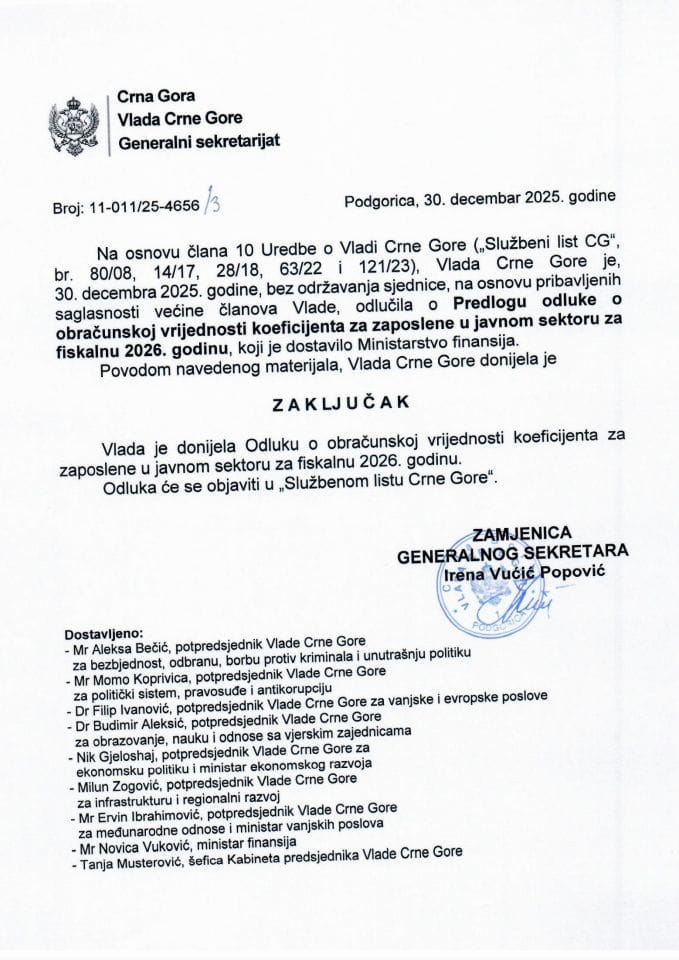 Predlog odluke o obračunskoj vrijednosti koeficijenta za zaposlene u javnom sektoru za fiskalnu 2026. godinu - Zaključci