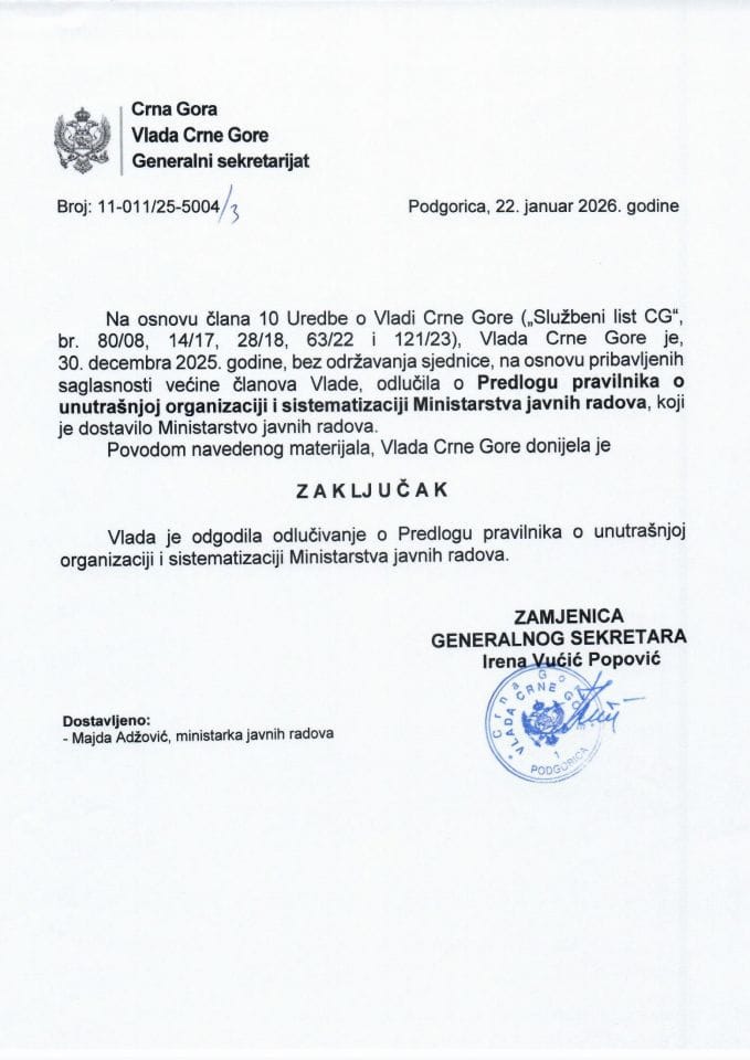 Predlog pravilnika o unutrašnjoj organizaciji i sistematizaciji Ministarstva javnih radova - ODGOĐENO ODLUČIVANJE - Zaključci