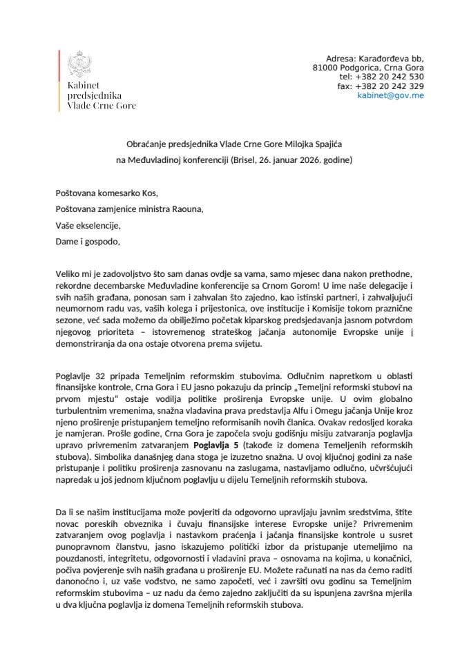 Obraćanje predsjednika Vlade Milojka Spajića na Međuvladinoj konferenciji, Brisel, 26.01.2026.