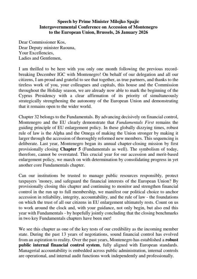 Speech by Prime Minister Milojko Spajic at the Intergovernmental Conference, Brussels, 26 January 2026