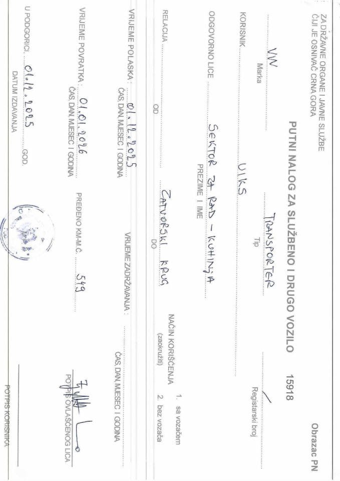 Putni nalozi, decembar 2025. godine 1