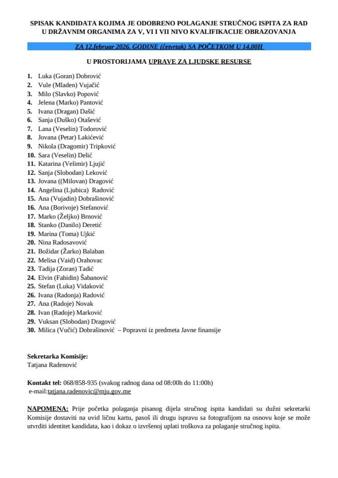 Списак кандидата за стручни испит 12.02.2026