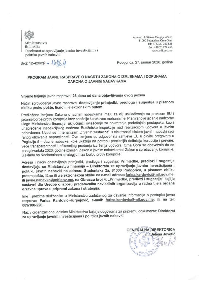 Program javne rasprave o Nacrtu zakona o izmjenama i dopunama Zakona o javnim nabavkama