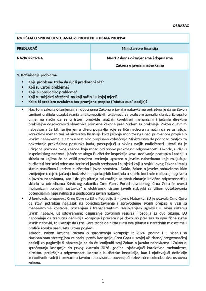 RIA obrazac - Nacrt Zakona o izmjenama i dopunama  Zakona o javnim nabavkama