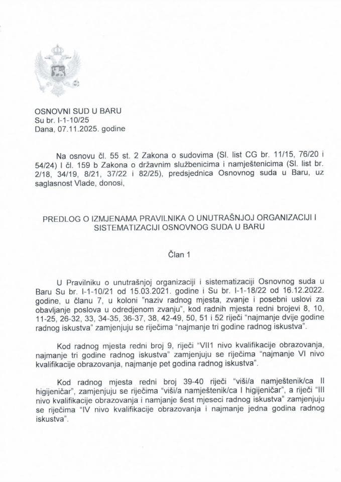 Predlog pravilnika o izmjenama Pravilnika o unutrašnjoj organizaciji i sistematizaciji Osnovnog suda u Baru