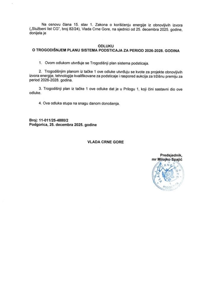 Odluka o trogodišnjem planu sistema podsticaja za period 2026-2028. godina