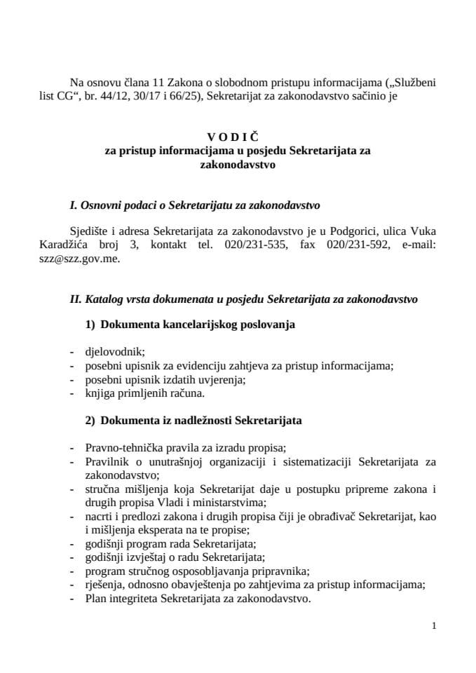 Vodič za pristup informacijama u posjedu Sekretarijata za zakonodavstvo 2026.