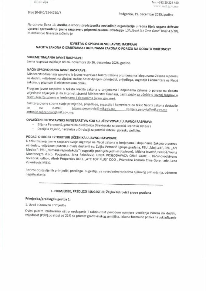 Izvještaj o sprovedenoj javnoj raspravi - Nacrt zakona o izmjenama i dopunama Zakona o porezu na dodatu vrijednost