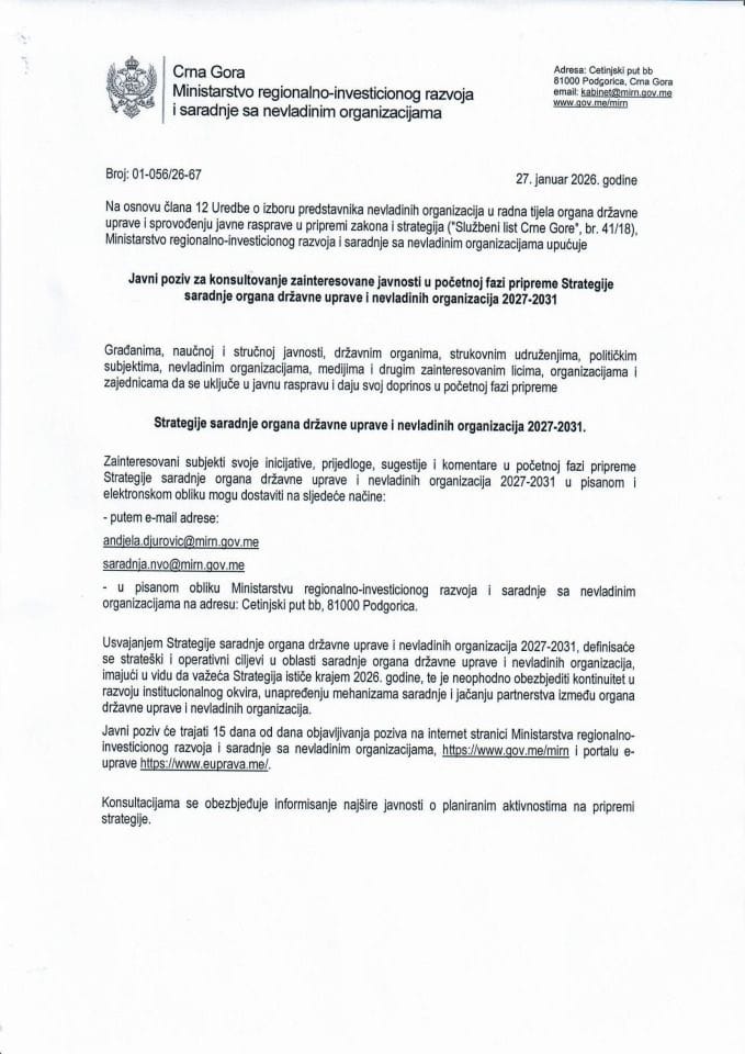 Javni poziv za konsultovanje zainteresovane javnosti u početnoj fazi pripreme Strategije saradnje organa državne uprave i NVO
