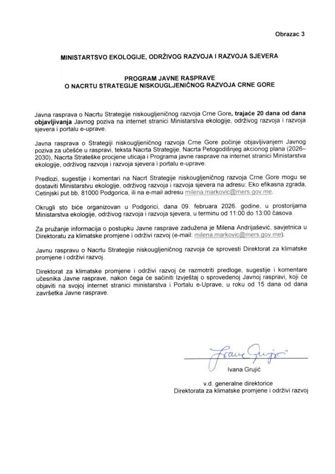 Obrazac 3- Program javne rasprave o Strategiji niskougljeničnog razvoja Crne Gore