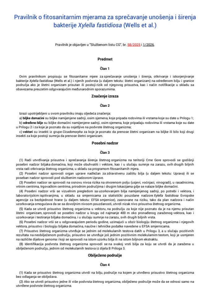 Pravilnik o fitosanitarnim mjerama za sprečavanje unošenja i širenja bakterije Xylella fastidiosa