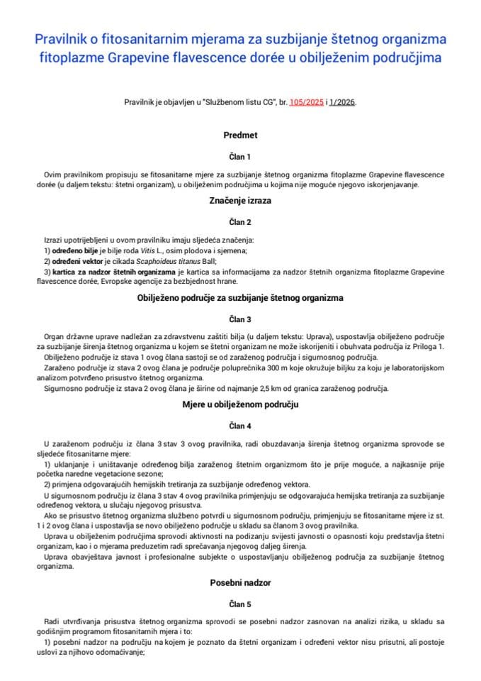 Pravilnik o fitosanitarnim mjerama za suzbijanje štetnog organizma fitoplazme Grapevine flavescence dorée u obilježenim područjima