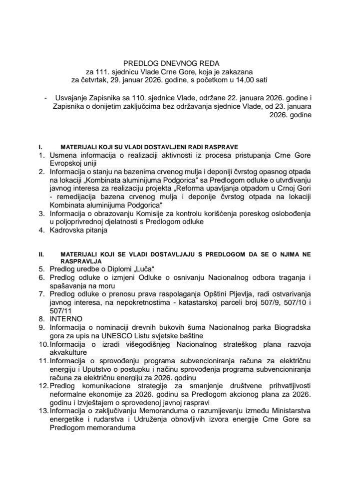 Предлог дневног реда за 111. сједницу Владе Црне Горе