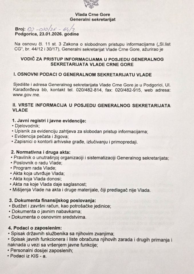 Vodič za pristup informacijama u posjedu Generalnog sekretarijata Vlade Crne Gore