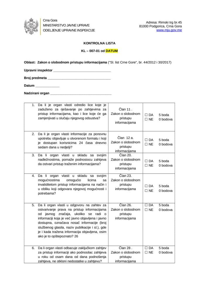 КЛ бр. 7 Закон о слободном приступу информацијама РЕВИДИРАНА