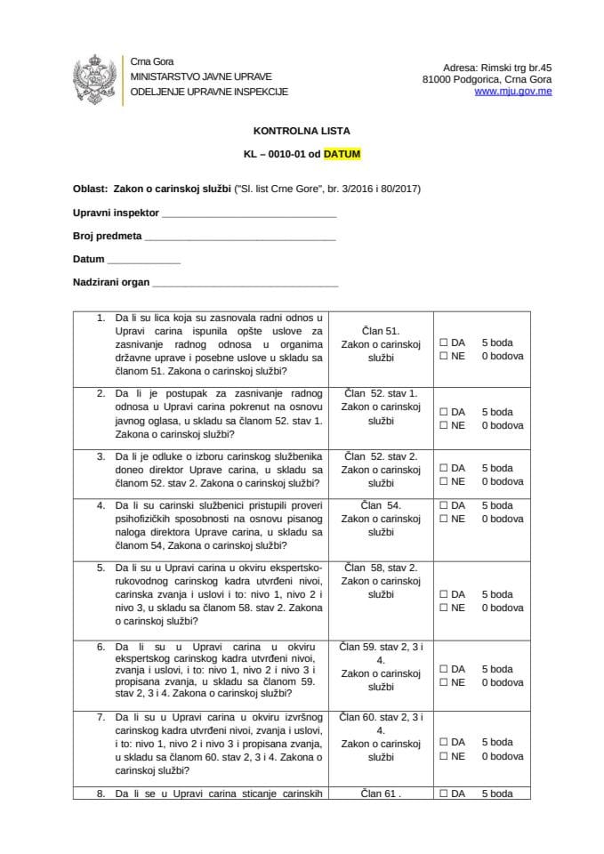 КЛ бр. 10. Закон о царинској служби