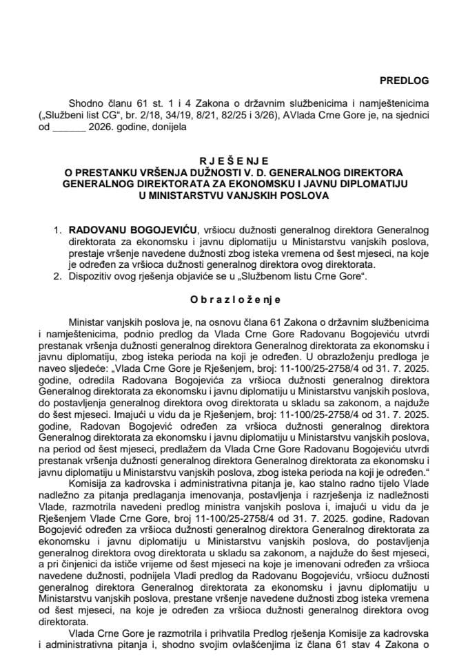 Predlog za prestanak vršenja dužnosti v. d. generalnog direktora Generalnog direktorata za ekonomsku i javnu diplomatiju u Ministarstvu vanjskih poslova