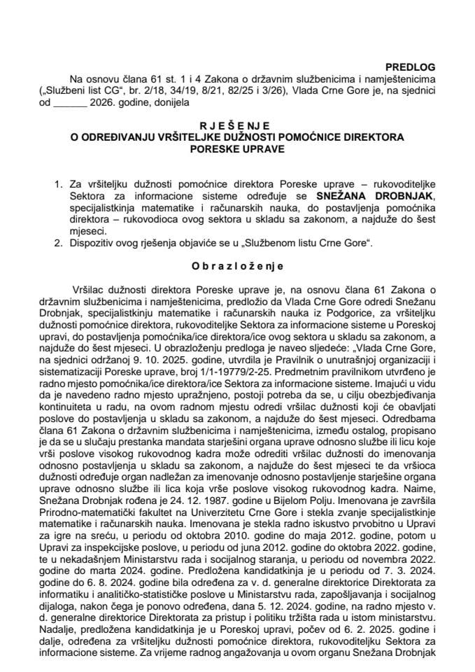 Predlog za određivanje vršiteljke dužnosti pomoćnice direktora Poreske uprave