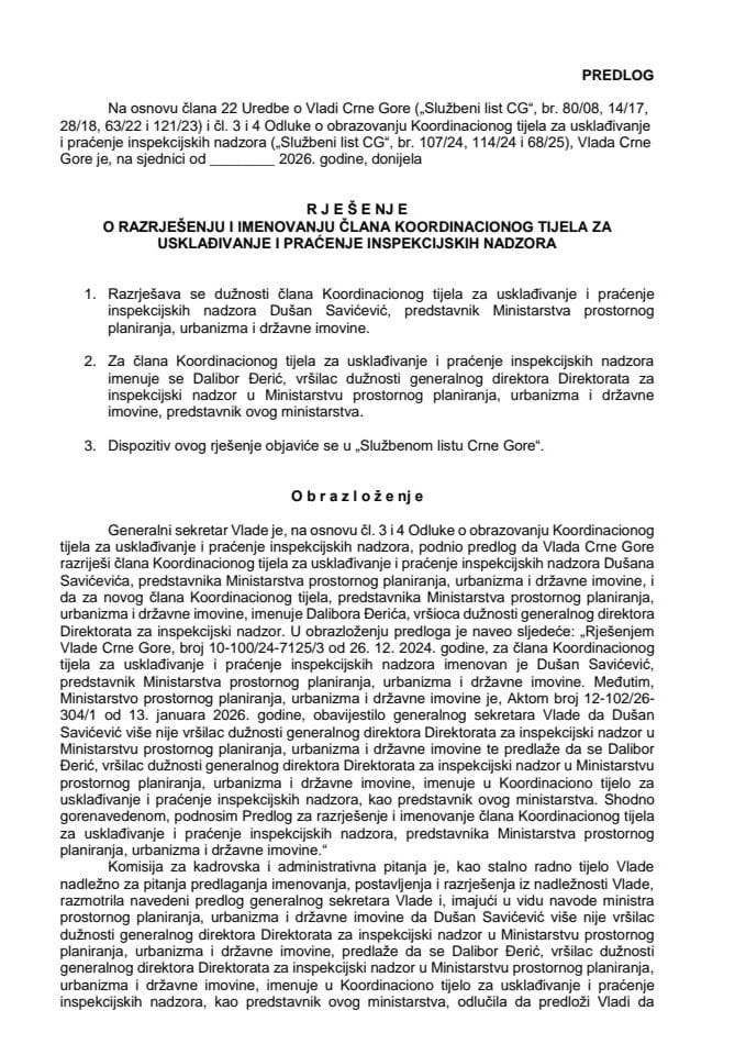 Predlog za razrješenje i imenovanje člana Koordinacionog tijela za usklađivanje i praćenje inspekcijskih nadzora