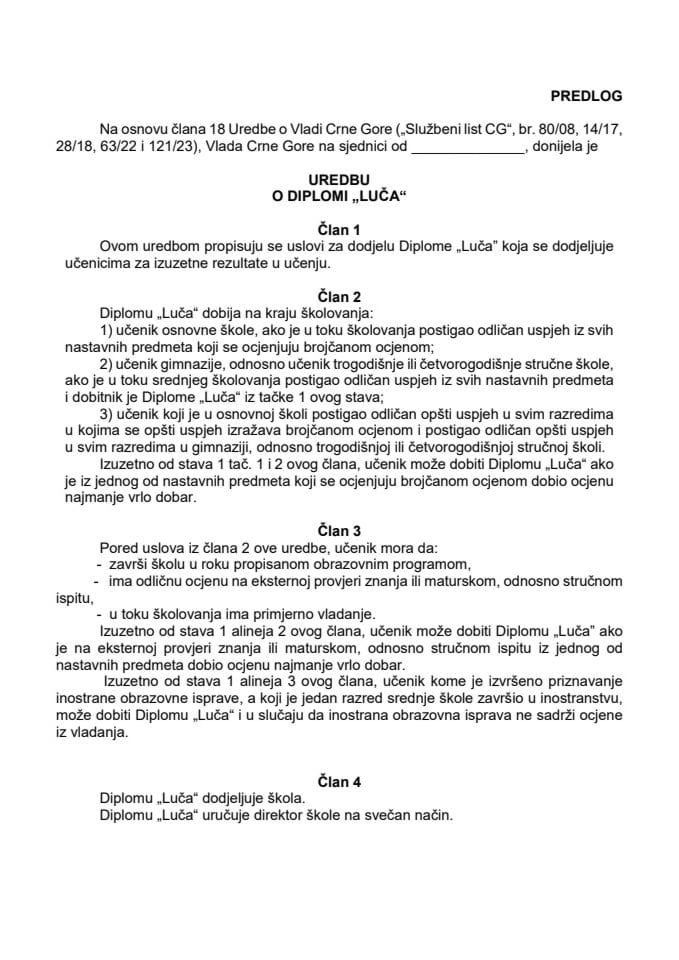 Predlog uredbe o Diplomi „Luča“