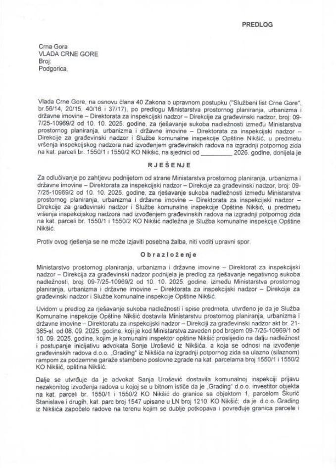 Predlog za rješavanje sukoba nadležnosti između Ministarstva prostornog planiranja, urbanizma i državne imovine - Direktorata za inspekcijski nadzor - Direkcija za građevinski nadzor i Službe komunalne inspekcije Opštine Nikšić