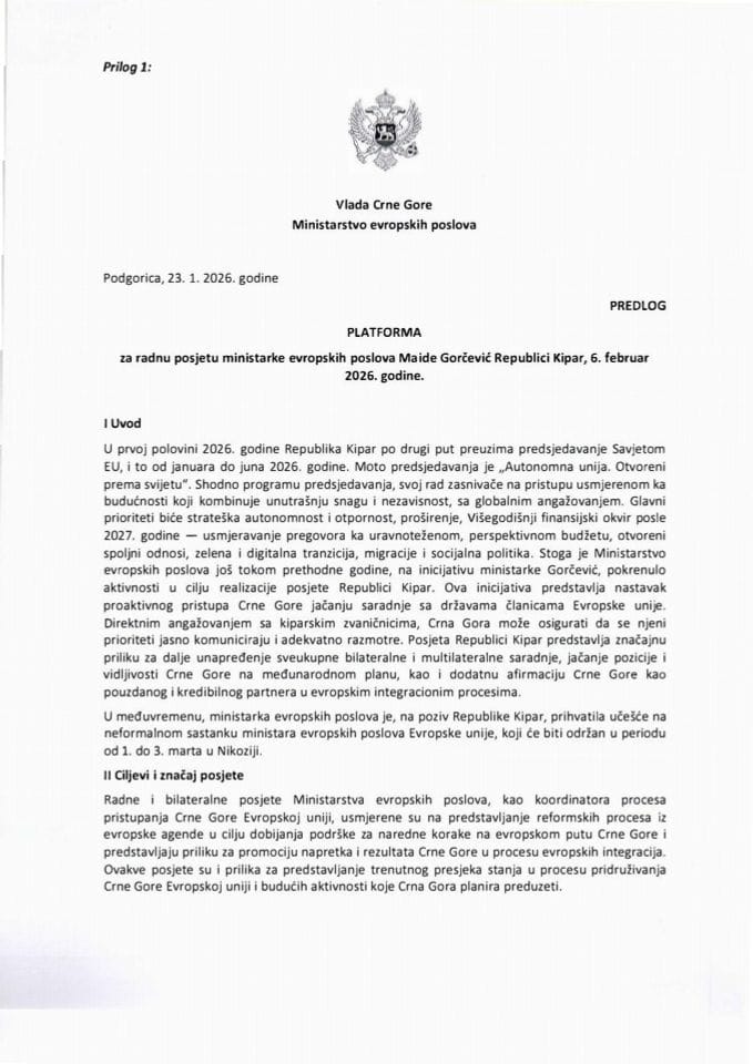 Предлог платформе за радну посјету министарке европских послова Маиде Горчевић Републици Кипар, 6. фебруар 2026. године